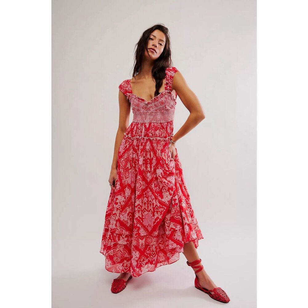 NWT Free People Forever Favorite Smocked Printed Maxi Dress Candy Combo Large.